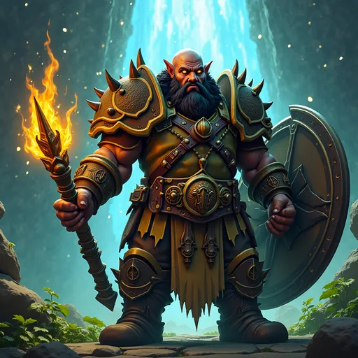 Prompt: C'est un nain avec des petites oreilles chauve avec des marques noires sur le crane de Sombrefer chaman de World of Warcraft. Avec un verre de lunette sur l'œil gauche et la peau sombre avec des lueurs de bleu. Debout avec assurance, un personnage redoutable vêtu d’une armure aux détails complexes sans piques rayonne de force et d’autorité.  Avec une barbe tressée, ses yeux orange brillants transmettent un sentiment de puissance et de détermination. Sa main droite tient une arme menaçante à pointes enchantée d'une lumière jaune, tandis que sa main gauche un gros bouclier avec des piques. La toile de fond présente une verdure luxuriante et des indices d’un environnement mystique, rehaussés par la lumière bleue scintillante en cascade des rochers derrière lui. La palette de couleurs mélange des tons terreux avec des accents métalliques vifs, créant un contraste dynamique qui souligne la présence imposante du personnage dans ce royaume fantastique