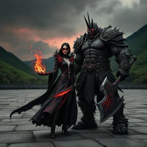 Prompt: Une scène atmosphérique sombre se déroule alors qu'un personnage féminin vêtu d'un manteau noir fluide orné d'accents rouges se tient fièrement aux côtés d'un compagnon démon redoutable. Le personnage, arborant un visage semblable à un crâne et des lunettes de soleil teintées de rouge ainsi que des épaules en forme d'ailes de couleur rouge. tient une baguette enflammée d'un feu rouge dans une main et un poignard à l'apparence sinistre dans l'autre, dégageant une aura de pouvoir et de mystère. À côté d'eux se dresse un démon musclé et imposant, revêtue d'une armure élaborée gravée de motifs menaçants et une pointe sur le dessus de a tète, tenant une grande hache, ce qui renforce le sentiment de force imminente. Le cadre, une vaste place extérieure avec des chemins en pierre lisse et des collines verdoyantes en arrière-plan, suggère une atmosphère à la fois tranquille et inquiétante, éclaircie par un ciel menaçant et sombre. La palette de couleurs combine des noirs profonds et des rouges vibrants, créant un contraste saisissant avec le paysage serein, laissant présager un récit épique rempli d'aventures et de conflits.