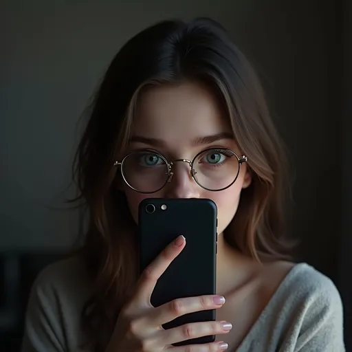 Prompt: was eine hübsche junge Dame die etwa 15 oder 16 ist sie soll brünett sein und ihr Zimmer soll nicht aussehen wie von KI sondern es sollen ein paar Sachen rumliegen das Zimmer soll er dunkle sein und seinen Spiegel Foto sein das Handy soll vor ihrem Gesicht sein  was diese soll noch eine hübsche Brille tragen die was eher für den Style gedacht ist auch soll sie blaue Augen haben diese sollen aber nicht gut zu erkennen sein da eben ein Handy vor Gesicht sein soll
