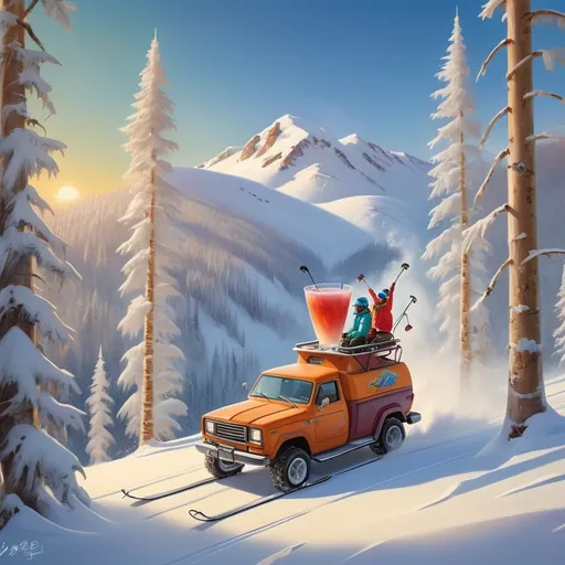 Prompt: Titulo Ski Safari Cocktail: crear una imagen de una hormigonera en la cual hayan dibujadas un avión, un telesilla, un coche tipo SUV y una cabaña. De fondo unas pistas de esquí con arboles con algunos esquiadores.
