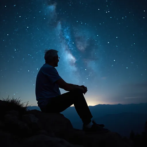 Prompt: elderly man silhouette sitting on rock thinking with starry sky
