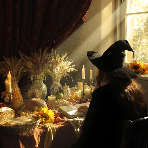 Prompt: a beautiful solitary witch is sitting at her alter, filled with the symbols of Lammas -- grains such as wheat and barley, freshly baked bread, seasonal fruits and sunflowers, as well as candles and her grimoire, as seen from over her shoulder.  Beside her, later summer sunlight slants in to the room, with dust motes in the beam of light