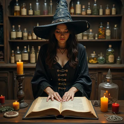 Prompt: A solitary witch stands in her spell room, behind her are shelves filled with bottles of potions and herbs.  On the table in front of her a large grimoire lays open as she reads a spell.  Around her are candles and witchy symbols such as pentacles