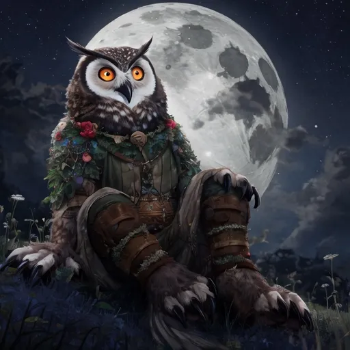 Prompt: An anthropomorphic owl in druid gear. Sitting in a moon lit meadow looking up into the night sky at the stars and moon
