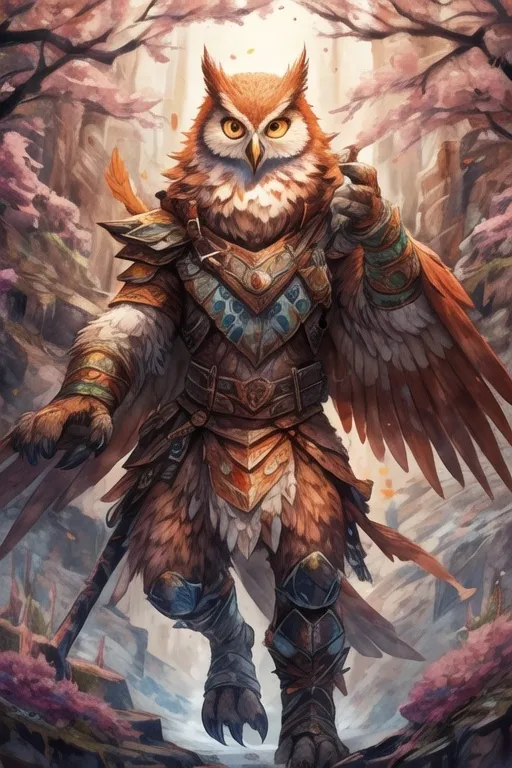 Prompt: An anthropomorphic owl in druid gear. Standing in a vibrant glade casting a spell 