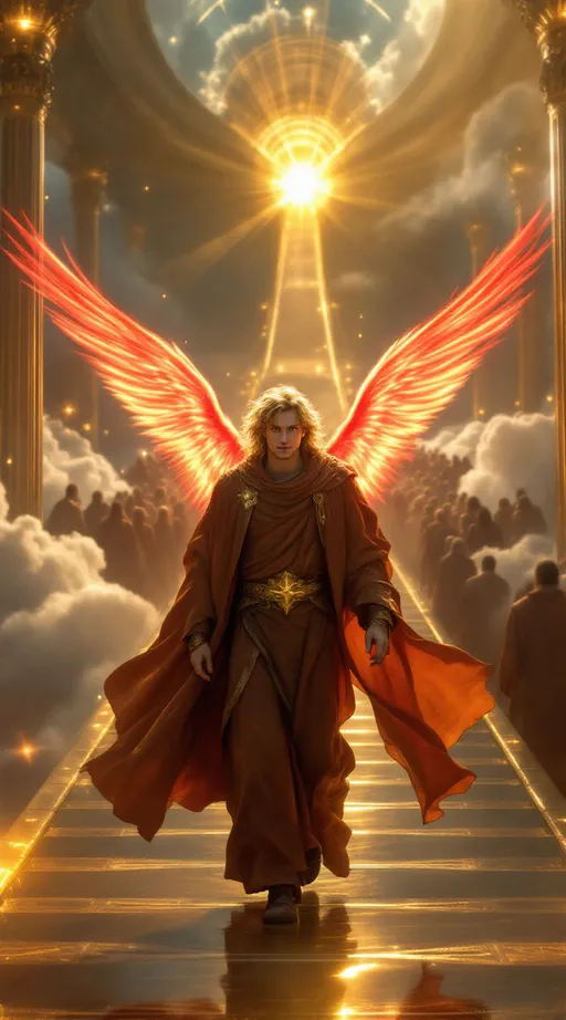 Prompt: A hyper-realistic, cinematic image of a majestic young angel (around 28 years old) with glowing red wings and a radiant, textured brown robe, walking along a massive golden pathway in the sky. His golden hair shines with divine light. Behind him follows a large crowd of people dressed in ancient robes, walking in awe and reverence. The scene is set high above the clouds, with heavenly architecture and light beams surrounding the path. The camera is focused on the angel from the front, emphasizing his importance and divine leadership. Shot with a Canon EOS R5, 85mm lens, shallow depth of field.
