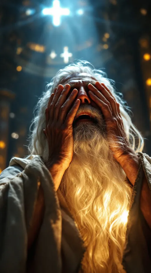 Prompt: "hyper-realistic, cinematic close-up image of the ancient figure Enoch inside a colossal celestial temple in the heavens. Enoch is an old, wise man with a long white beard and ancient flowing robes. He has no wings. He is shown up close, covering his face with both hands in awe and reverence, while a powerful, radiant light from above shines directly onto him, illuminating his hands, beard, and the edge of his glowing scroll. The divine light creates intense highlights and deep shadows across his face and robes, emphasizing the emotional weight of the moment. The blurred background hints at towering celestial architecture with glowing divine symbols, but the focus is tightly on Enoch’s reaction. Shot with a Canon EOS R5, 85mm lens, extreme shallow depth of field, cinematic lighting."