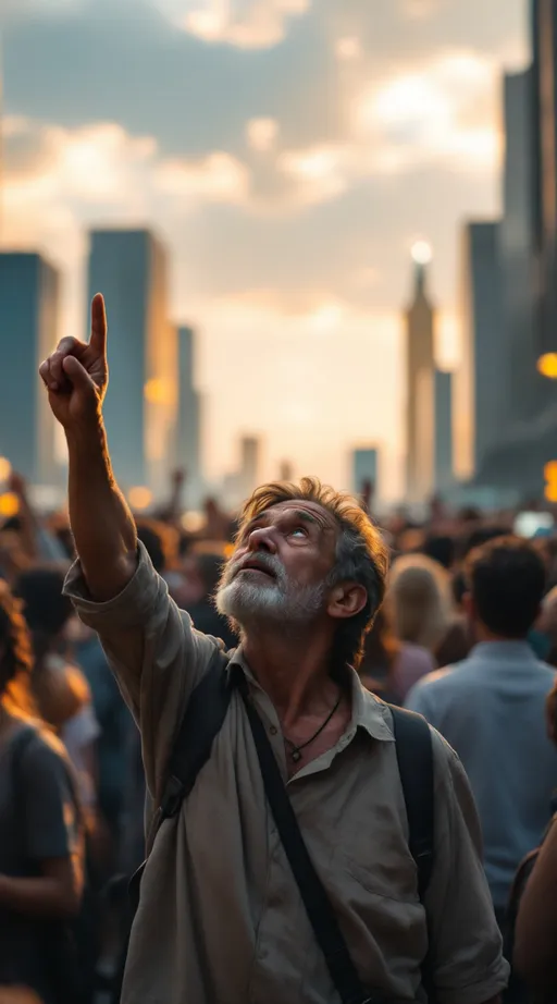 Prompt: Ultra-detailed, cinematic shot of a large crowd of people standing in a modern city at dawn, all gazing up at the sky with surprised and amazed expressions. Many are pointing upward, their faces softly lit by the warm, golden hues of the rising sun. The city skyline glows with the early morning light, casting long shadows and gentle highlights on the buildings. The focus is on a humble man—an elderly Latino with simple, worn clothing and a peaceful, weathered face. He stands slightly apart from the others, looking up with a quiet, deep sense of wonder. Though surrounded by many, the soft light of the sunrise subtly frames him, making him the emotional focal point of the scene. The atmosphere is filled with awe, peace, and the feeling that something extraordinary is beginning.
