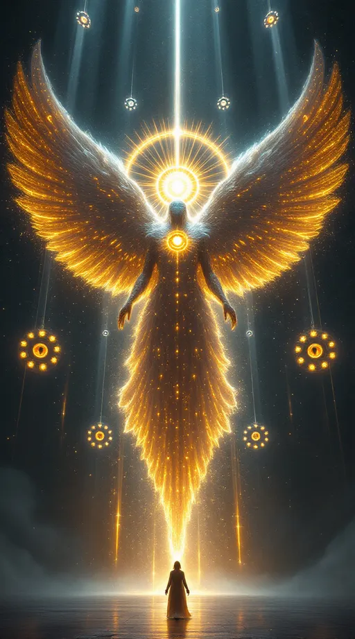 Prompt: A colossal seraphim suspended in a dark, sacred celestial space. Its form is blindingly radiant, with six enormous wings: two covering its face, two covering its feet, and two stretched outward in flight, all shimmering with holy fire. At the center is a glowing, divine eye radiating wisdom and judgment. Surrounding the seraphim are massive wheels within wheels, turning in every direction, covered entirely in countless glowing eyes, emitting golden and blue light. Its entire presence is engulfed in flames and radiant energy, echoing with power and holiness. The environment is vast, empty, and filled with divine silence. Light beams from above highlight the sheer awe of this being. High-fantasy realism, cinematic lighting, dramatic composition, inspired by Isaiah 6 and Ezekiel 1.