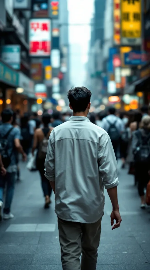 Prompt: A humble young man, dressed in simple, modest clothing, walks away from the camera through a crowded, modern city street. The camera follows behind him, focused on his back, creating a sense of solitude amid the chaos. All around him, people rush past — laughing, talking, looking at their phones — but the young man walks calmly, as if searching for something beyond the noise. The city is vibrant and full of life, but the focus remains tightly on him from behind, conveying quiet determination. Cinematic lighting, shallow depth of field, 16:9 aspect ratio, emotional and contemplative tone.