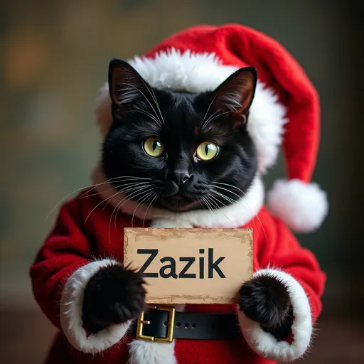 Prompt: black cat, with sign with name zazik, wears santa costume