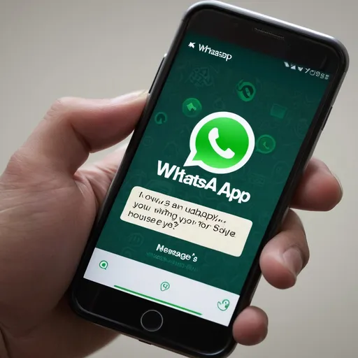 Prompt: "Smartphone close-up showing WhatsApp message: 'Bro, udah denger Pats House?', green and white interface, hand holding phone --v 6 --ar 16:9 --style photographic --q 2"