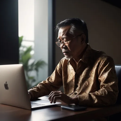Prompt: "Indonesian man in his 50s wearing a batik shirt sitting at a modern minimalist desk, looking frustrated at his laptop, soft sunlight from the window, luxury atmosphere, cinematic lighting --v 6 --ar 16:9 --style photographic --q 2"