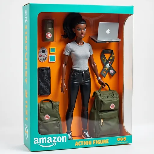 Prompt: A boxed action figure of a brown woman medium height with hair in a pony tail with bangs on the side wearing black jeans with a gray shirt, and nike shoes standing inside teal and orange Amazon-style packaging. Accessories include a laptop with stickers a military ribbon, cell phone and music symbols. Amazon logo at the top and "ACTION FIGURE" in bold on the bottom. Amazon logo on the top