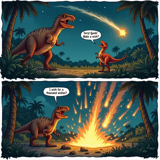 Prompt: 
 large dinosaurs, one clearly a T-Rex, are standing in a lush prehistoric jungle at night. The sky above them is dark, filled with stars, and a large shooting star (meteor) is seen streaking across the sky. The larger dinosaur excitedly says in a speech bubble:
“Terry! Quick! Make a wish!”
The smaller dinosaur, looking up innocently, replies:
“I wish for a thousand wishes.”

Bottom panel:
The scene turns chaotic. The sky is now filled with dozens of shooting stars meteors raining down towards Earth. The two dinosaurs are shown in a state of panic, their mouths open, eyes wide, as flaming rocks descend all around them. The larger dinosaur yells furiously:“TERRY WHAT THE HELL?!”