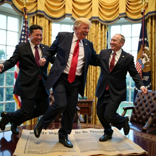 Prompt: donald trump, vladamir Putin, and kim jung un are all dancing and laughing uncontrollably while dancing on top of the constitution in the oval office