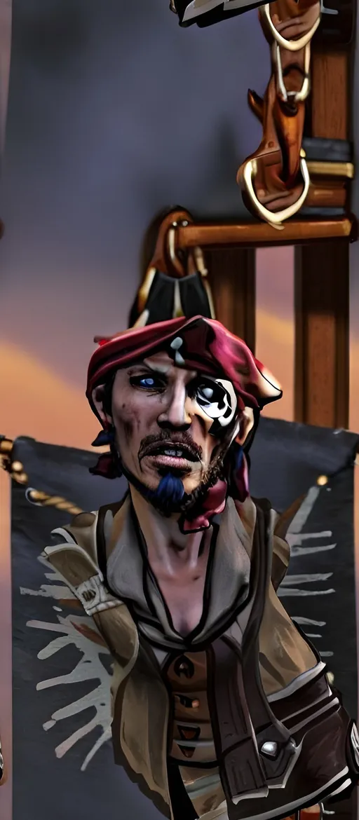 Prompt: youngث pirate woman, dressed in a tricorn hat, crimson bandana, and a flowing white blouse under a leather waistcoat, stands at the wooden helm of a majestic, time-worn pirate ship at sunset. She firmly grasps the ship's wheel, her long hair blowing in the wind. A ragtag pirate crew moves around her, adjusting ropes and sails in the warm golden glow. The sails are tattered, the ocean waves glisten under the vibrant sky, and lanterns on the railing sway gently, illuminating the