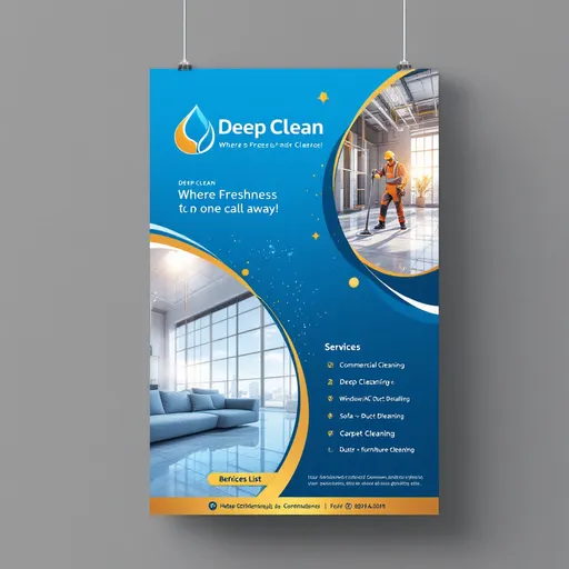 Prompt: *"Create a professional, eye-catching A5 flyer for a cleaning company called 'Deep Clean' in Lebanon. The flyer should include:

1. Visual Style:

Hyper-realistic 3D render or vector illustration.

Color Scheme: Crisp blue(#2977de) + white (trust) with gold accents (luxury).

Background: A sparkling clean construction site (e.g., polished marble floors, sunlit windows).

2. Key Elements:

Header: Bold text 'Deep Clean' with a modern sans-serif font (add a subtle water droplet or sparkle effect on the logo).

Tagline: *'Deep Clean - Where Freshness is one call away!'*

Services List:

'🏗️ Commercial Cleaning'

'🧽 Deep Cleaning'

'🪟 Window/AC Duct Detailing'

'🛋️ Sofa - furniture Cleaning'

'🏠 Carpet Cleaning'

Visuals:

A HEPA vacuum cleaning dust from ducts (show the long hose).

A worker in a uniform + gloves wiping windows (professional vibe).

Before/After split-image (left: dusty construction site / right: spotless room).

3. Call-to-Action:

Contact: 71 18 28 48, WhatsApp icon, @deepcleanlb, Instagram icon.

4. Lebanese Touches:

Tiny cedar tree icon (for local trust).

Arabic + English text (e.g., 'تنظيف بعد البناء').

Mood: Ultra-clean, premium, and reliable—like walking into a brand-new home."*