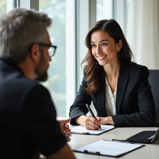 Prompt: Create image of of 30 yar old approachable brunette female in a suit, sitting down and taking notes,  interviewing a unattractive middle aged male in casual dress over a table in interview room setting