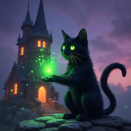 Prompt: A black cat casting a green spell inside a wizard tower with a purple sky