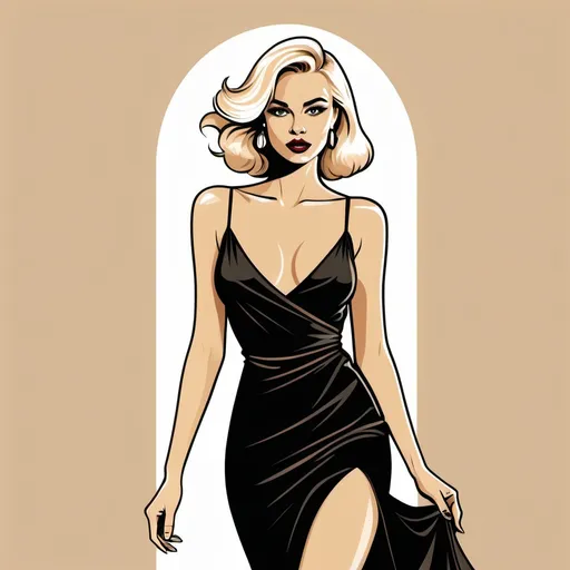 Prompt: Illustrated T-shirt design of flat vintage tan, blonde, young women, in black evening dress and heels, going into a high end night club, vector, solid white background, simple color palette