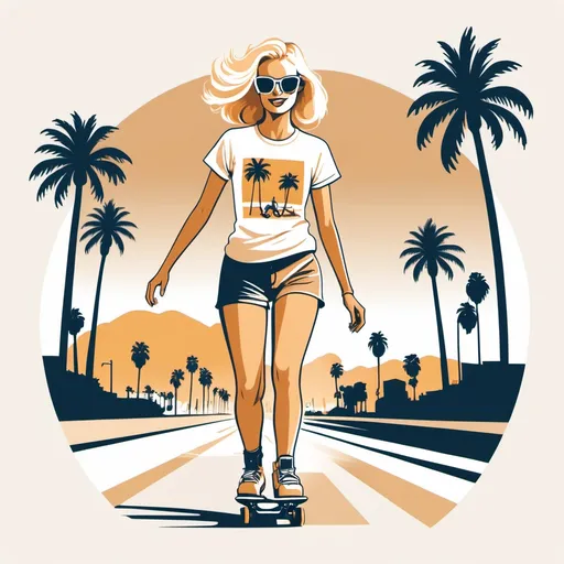Prompt: Illustrated T-shirt design of flat vintage tan, blonde, young women, roller blading down the Venice beach,with palm trees, vector, solid white background, simple color palette