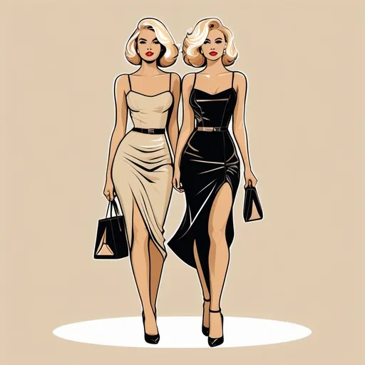 Prompt: Illustrated T-shirt design of flat vintage tan, blonde, young women, in black evening dress and heels, going into a high end night club, vector, solid white background, simple color palette