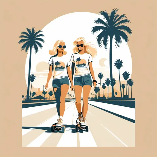Prompt: Illustrated T-shirt design of flat vintage tan, blonde, young women, roller blading down the Venice beach,with palm trees, vector, solid white background, simple color palette