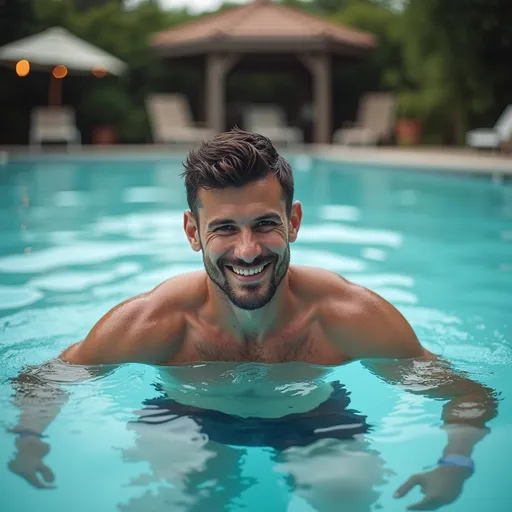 Prompt: a handsome men in brief and swimming in the pool 