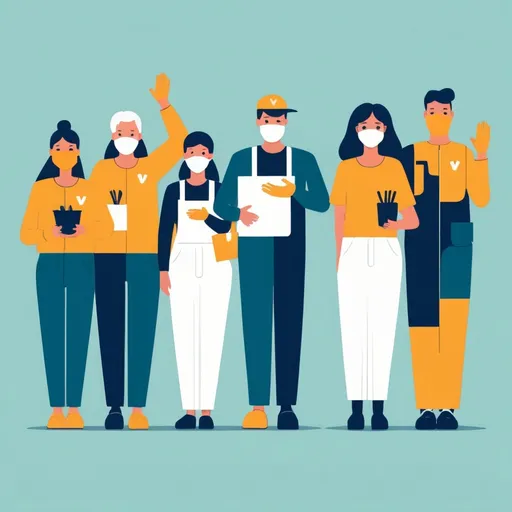 Prompt: Flat illustration of people voluntering without face masks, simple forms, simple shapes, vector, minimalism