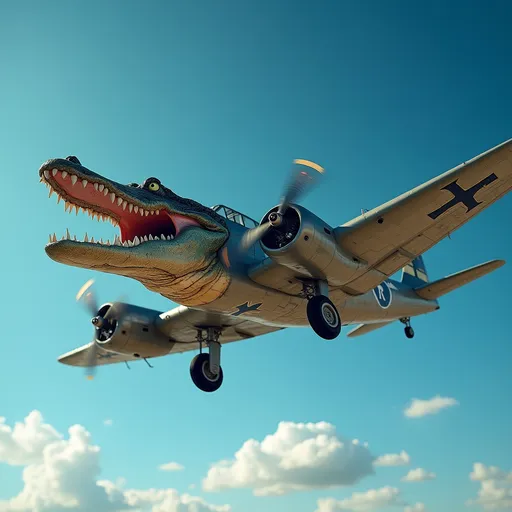 Prompt: Soaring against a striking blue sky, a whimsical airplane merges the sleek form of a vintage bomber with the menacing visage of a crocodile. Its nose boasts razor-sharp teeth and fierce eyes, while the metallic body is adorned with a muted military color scheme, accented by vintage insignia. The propellers spin energetically, adding a dynamic sense of motion, while the low angle perspective emphasizes the aircraft's imposing presence. The sunlight bathes the scene in a warm glow, highlighting the scales of the crocodile's head and creating a contrast between playful fantasy and vintage aviation. This imaginative fusion evokes a sense of adventure and curiosity, capturing a surreal narrative that sparks the imagination.