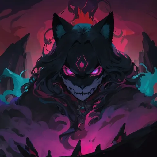 Prompt: Cat-shaped specter, whearing a skull mask forms a cat face, Cat ghost, A vibrant, stylized character stands proudly at the forefront, embodying a mix of fierceness and charm. Wearing a mask with a form of a skull cat in the face, This figure, resembling a bear-like creature, features a striking pink mane and glowing teal eyes that pierce the dark background, hinting at a supernatural or heroic aspect. Dressed in a flowing red cape that adds drama, revealing a design that incorporates tribal motifs and bandages, The backdrop showcases a gradient of deep blues and purples, creating a mystical atmosphere illuminated by a faint glow, enhancing the character's commanding presence against silhouetted mountains. This artwork combines bold colors and an animated style, capturing a narrative of strength and resilience, making it both captivating and memorable.