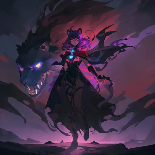Prompt: a cat-shaped specter, A vibrant, stylized character stands proudly at the forefront, embodying a mix of fierceness and charm. Wearing a mask with a form of a skull cat in the face, This figure, resembling a bear-like creature, features a striking pink mane and glowing teal eyes that pierce the dark background, hinting at a supernatural or heroic aspect. Dressed in a flowing red cape that adds drama, revealing a design that incorporates tribal motifs and bandages, The backdrop showcases a gradient of deep blues and purples, creating a mystical atmosphere illuminated by a faint glow, enhancing the character's commanding presence against silhouetted mountains. This artwork combines bold colors and an animated style, capturing a narrative of strength and resilience, making it both captivating and memorable.