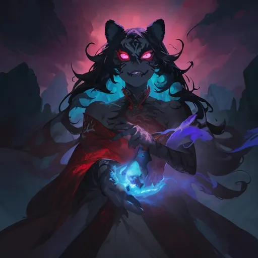Prompt: A vibrant, stylized character stands proudly at the forefront, embodying a mix of fierceness and charm. Wearing a mask with a form of a skull cat, This figure, resembling a bear-like creature, features a striking pink mane and glowing teal eyes that pierce the dark background, hinting at a supernatural or heroic aspect. Dressed in a flowing red cape that adds drama, revealing a design that incorporates tribal motifs and bandages, The backdrop showcases a gradient of deep blues and purples, creating a mystical atmosphere illuminated by a faint glow, enhancing the character's commanding presence against silhouetted mountains. This artwork combines bold colors and an animated style, capturing a narrative of strength and resilience, making it both captivating and memorable.