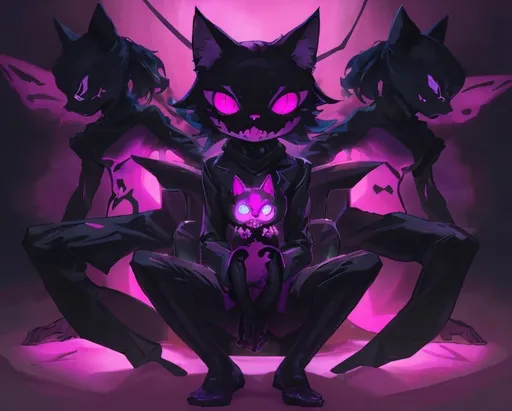 Prompt: A cat especter made of glowing magenta-colored dark energy, with a gradiaent from shyni magenta up from darken magenta down, shaped like an anthropomorphic cat,

with a skull mask shaped like a cat's skull.