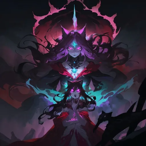Prompt: Cat-shaped specter, whearing a skull mask forms a cat face, Cat ghost, A vibrant, stylized character stands proudly at the forefront, embodying a mix of fierceness and charm. Wearing a mask with a form of a skull cat in the face, This figure, resembling a bear-like creature, features a striking pink mane and glowing teal eyes that pierce the dark background, hinting at a supernatural or heroic aspect. Dressed in a flowing red cape that adds drama, revealing a design that incorporates tribal motifs and bandages, The backdrop showcases a gradient of deep blues and purples, creating a mystical atmosphere illuminated by a faint glow, enhancing the character's commanding presence against silhouetted mountains. This artwork combines bold colors and an animated style, capturing a narrative of strength and resilience, making it both captivating and memorable.