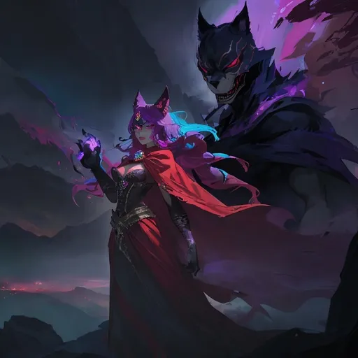 Prompt: a cat-shaped specter, A vibrant, stylized character stands proudly at the forefront, embodying a mix of fierceness and charm. Wearing a mask with a form of a skull cat in the face, This figure, resembling a bear-like creature, features a striking pink mane and glowing teal eyes that pierce the dark background, hinting at a supernatural or heroic aspect. Dressed in a flowing red cape that adds drama, revealing a design that incorporates tribal motifs and bandages, The backdrop showcases a gradient of deep blues and purples, creating a mystical atmosphere illuminated by a faint glow, enhancing the character's commanding presence against silhouetted mountains. This artwork combines bold colors and an animated style, capturing a narrative of strength and resilience, making it both captivating and memorable.