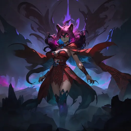 Prompt: A vibrant, stylized character stands proudly at the forefront, embodying a mix of fierceness and charm. Wearing a mask with a form of a skull cat in the face, This figure, resembling a bear-like creature, features a striking pink mane and glowing teal eyes that pierce the dark background, hinting at a supernatural or heroic aspect. Dressed in a flowing red cape that adds drama, revealing a design that incorporates tribal motifs and bandages, The backdrop showcases a gradient of deep blues and purples, creating a mystical atmosphere illuminated by a faint glow, enhancing the character's commanding presence against silhouetted mountains. This artwork combines bold colors and an animated style, capturing a narrative of strength and resilience, making it both captivating and memorable.