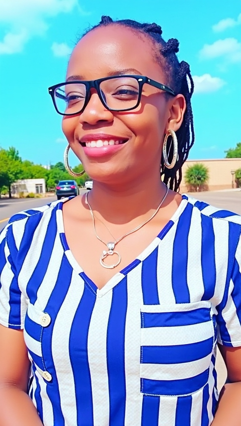 Prompt: Bright sunlight bathes a smiling woman standing on a rural street, where the charm of her surroundings complements her cheerful demeanor. With her hair styled in neat twists and wearing stylish eyewear, she dons a blue and white striped blouse adorned with decorative buttons, showcasing a casual yet fashionable aesthetic. A delicate necklace featuring a small pendant rests against her neckline, while large hoop earrings add a touch of elegance. The backdrop features a peaceful neighborhood with greenery and simple buildings under a clear blue sky, enhancing the relaxed atmosphere of the scene and radiating a sense of happiness and confidence.