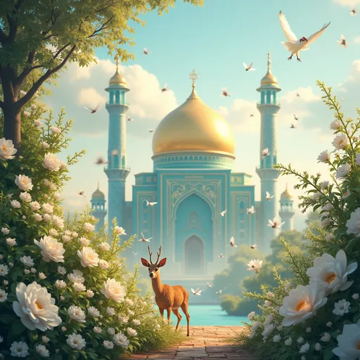 Prompt: make it with digital art 
A majestic digital artwork depicting the distant view of Imam Reza's holy shrine in Mashhad, Iran. The golden dome and turquoise minarets shine under a soft, ethereal light. The foreground is adorned with lush, blooming white flowers in vibrant colors, and delicate birds flutter gracefully around, creating a serene, heavenly atmosphere with a small deer. The composition exudes a royal and spiritual aura, with intricate details and a harmonious blend of colors, capturing the essence of paradise.
