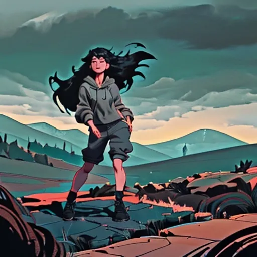 Prompt: Standing against a rugged backdrop of rocky terrain and lush green hills, a young woman exudes a relaxed yet adventurous spirit. Dressed in a casual gray hoodie and black shorts, her wind-swept hair dances in the breeze as she playfully poses with her hands raised, suggesting a carefree attitude. The sky is a soft blend of gray and blue, hinting at a cloudy day, while the expansive landscape creates a serene atmosphere. The composition captures the contrast between her youthful energy and the raw, natural setting, inviting a sense of exploration and connection with the outdoors.