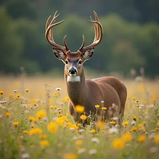 Prompt: 
A whitetailed buck standing in a field with flowers