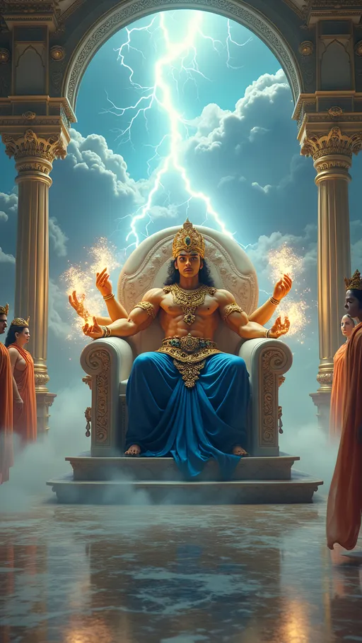 Prompt: A hyper-realistic, cinematic medium shot of Lord Indra seated in his majestic celestial Raj Darbar, a grand palace floating among swirling clouds. The palace interior is vast and ethereal, built with gleaming golden columns, jewel-encrusted arches, and translucent marble floors that reflect bluish celestial light (7000K color temperature). Indra, regal and muscular, has radiant golden skin and sits imposingly on a divine white elephant throne adorned with gold carvings and sapphire inlays. He wears an elaborate golden crown encrusted with emeralds and rubies, royal blue silk robes flowing around his multiple arms, each adorned with divine weaponry. His glowing eyes flash with divine fury as lightning crackles through the clouded windows behind him. Around him, celestial courtiers—glowing beings with crowns and flowing robes—stand with expressions of tension and awe. The atmosphere is tense and majestic, with deep shadows, reflective marble surfaces, and soft light rays filtering through heavenly mist. The camera angle is slightly below eye level, emphasizing Indra’s dominance and divine authority. 8K ultra-detailed, mythological, no modern elements, cinematic color grading, rich in depth and divine texture