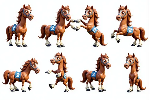 Prompt: photorealistic chestnut stallion Secretariat 660d0db5 with brown body, white blaze on face, blue number 2 saddle, white lower legs, black hooves Multiple instances of the same character in different poses on a white background. The character is shown: Dancing: mid-dance move, arms and legs in rhythmic motion, joyful expression. Making a heart shape: hands forming a heart shape in front of the chest, warm smile. Kicking: one leg extended in a kicking motion, arms for balance, determined look. Walking: mid-stride, one foot in front of the other, natural arm swing, casual pose. Background: Clean white background, providing a pristine backdrop. Ample space between poses. Character design consistent across all poses. Arrange poses in a visually pleasing composition across the image.