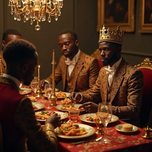 Prompt: generate ai royal black men wonen teens  people sitting at a royale table eating a royal feast
