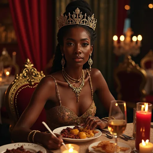 Prompt: generate ai royal black  llight skin women queen sitting at a royale table eating a royal feast

