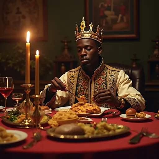 Prompt: generate ai royal black people sitting at a royale table eating a royal feast
