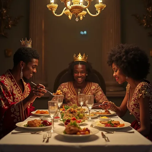 Prompt: generate ai royal black men women teens people sitting at a royale table eating a royal feast
