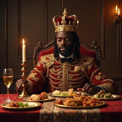 Prompt: generate ai royal black people sitting at a royale table eating a royal feast
