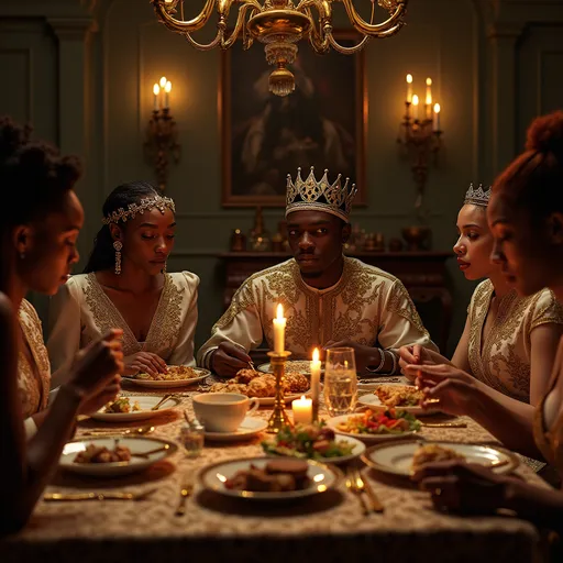 Prompt: generate ai royal black men women teens people sitting at a royale table eating a royal feast
